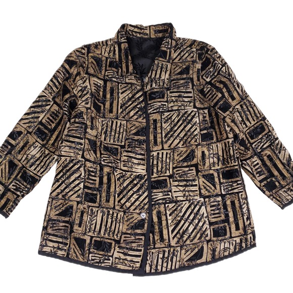 Black Jackets & Blazers - Artisan Abstract Embroidered Jacket XL Black Gold Textured Button Front Artcore
